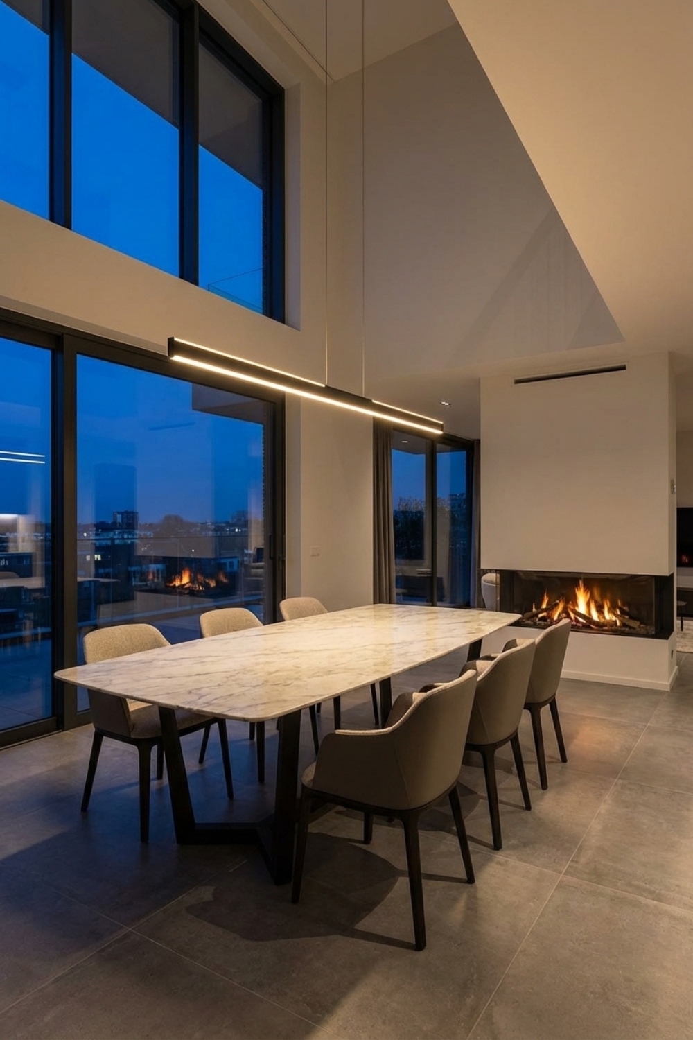 Minimalistisch elegante Hängeleuchte über moderner Esstischgruppe