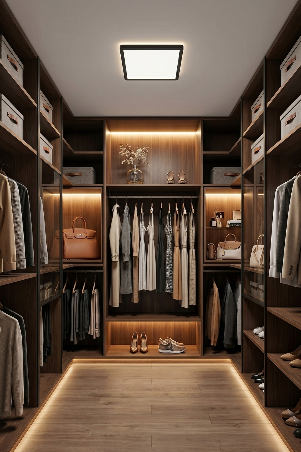 Ankleidezimmer mit Akzentbeleuchtung in dekorativem Fach mit Tasche und Schuhpaar