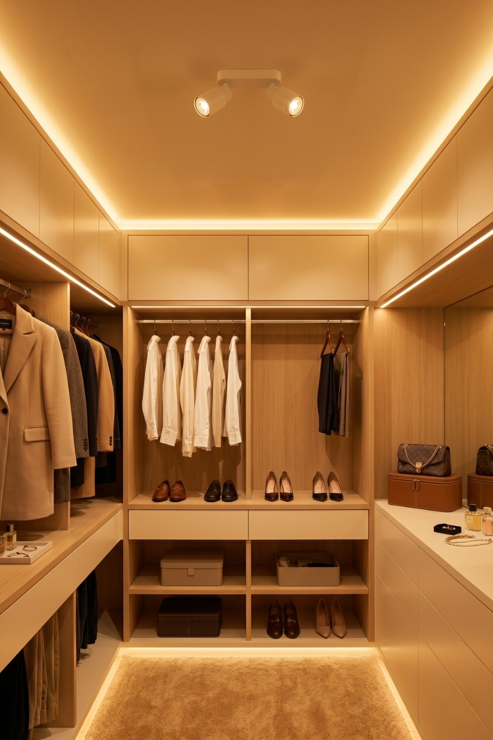 Elegantes Ankleidezimmer mit mehreren indirekten Lichtquellen und Deckenleuchten