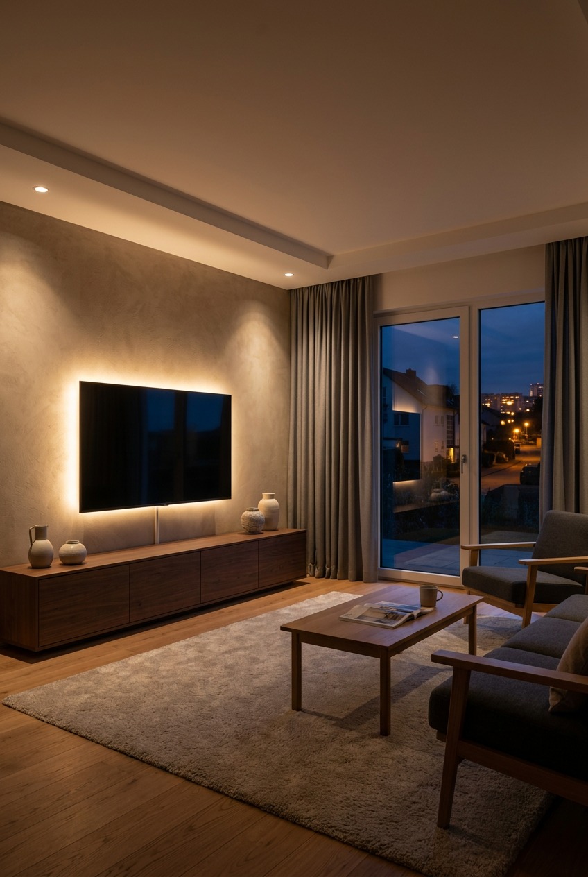 Fernseher auf Lowboard mit indirekter LED-Beleuchtung als TV Hintergrundbeleuchtung