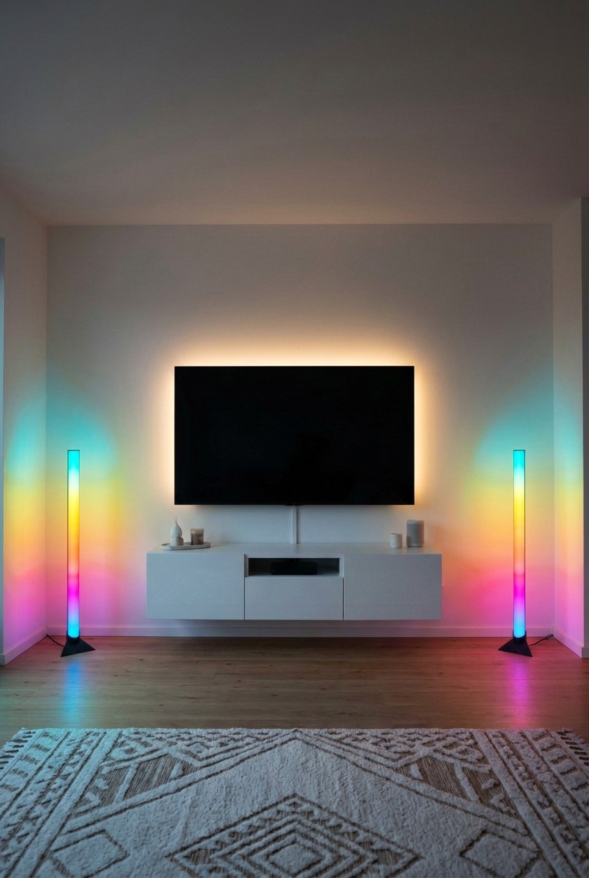 Flatscreen an weißer Wand mit farbiger TV Hintergrundbeleuchtung