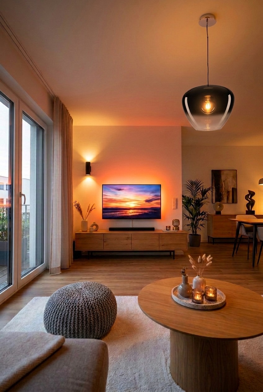 Gemütlicher Wohnraum mit stimmungsvoller TV Hintergrundbeleuchtung