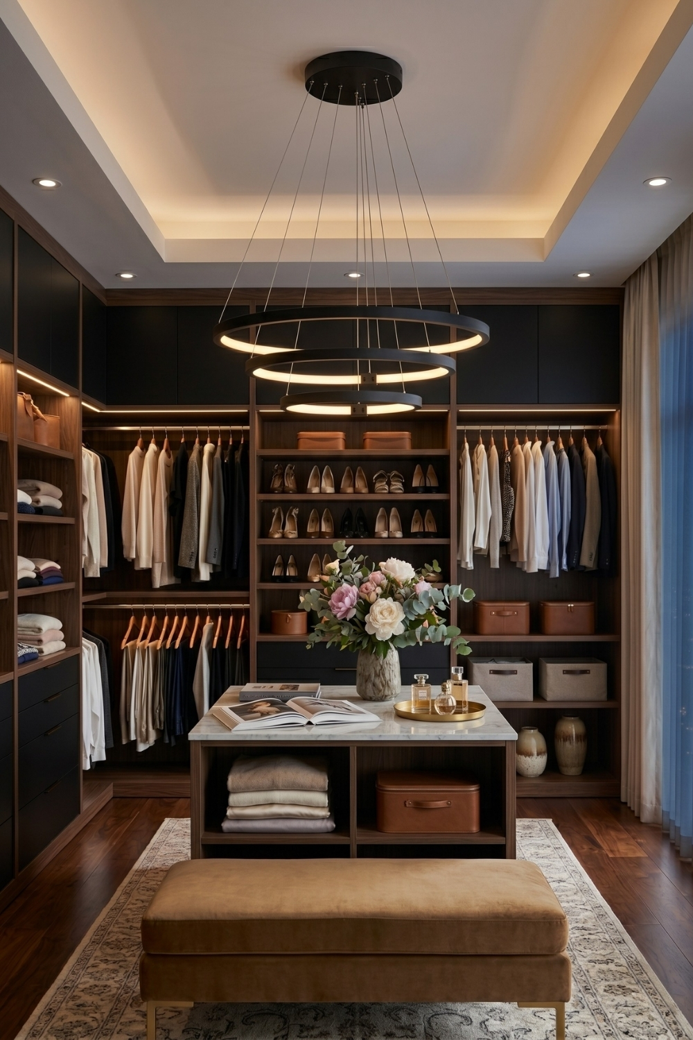 Glamouröses Ankleidezimmer mit großer edler Pendelleuchte