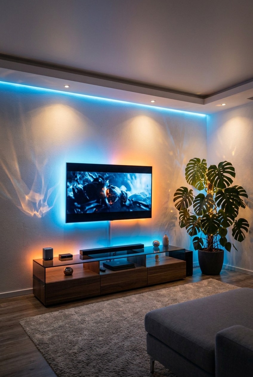 Modernes Wohnzimmer zeigt blaue TV Hintergrundbeleuchtung im Einsatz