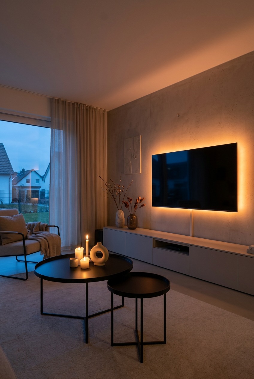 Modernes Wohnzimmer zeigt warmes Ambiente durch TV Hintergrundbeleuchtung