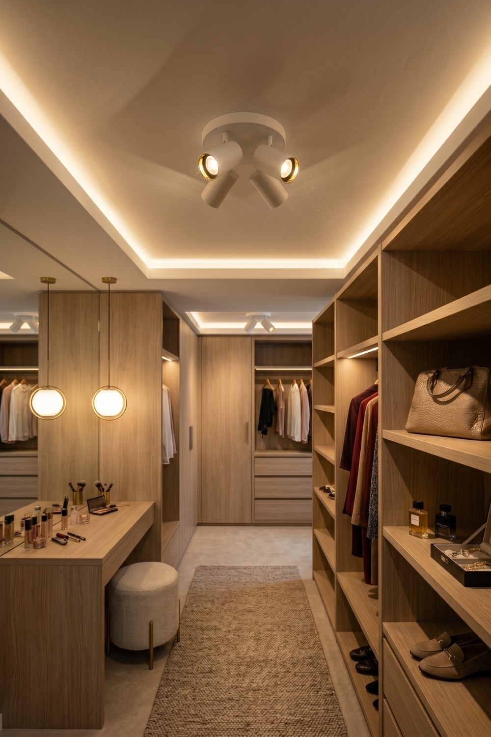 Sehr hell wirkendes Ankleidezimmer mit verschiedenen Lichtquellen in Kombination