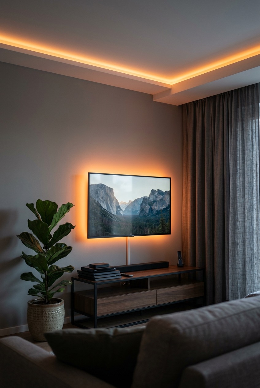 TV Hintergrundbeleuchtung erzeugt orangefarbenen Lichtschein hinter wandmontiertem Bildschirm