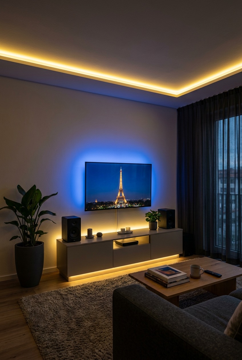 TV Hintergrundbeleuchtung in Blau hinter Fernseher, LED-Streifen an Sideboard und Decke