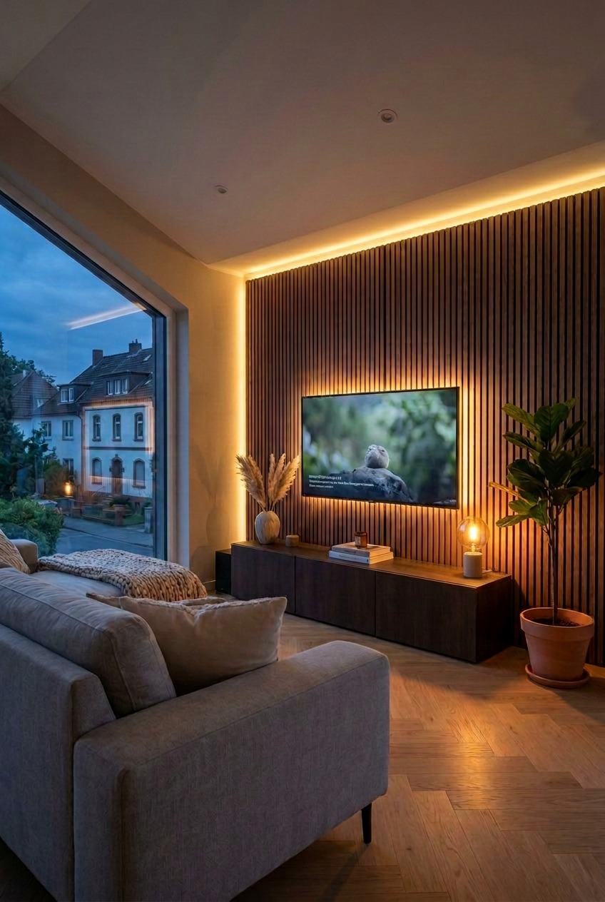 TV Hintergrundbeleuchtung setzt eine Holzlamellenwand stimmungsvoll in Szene