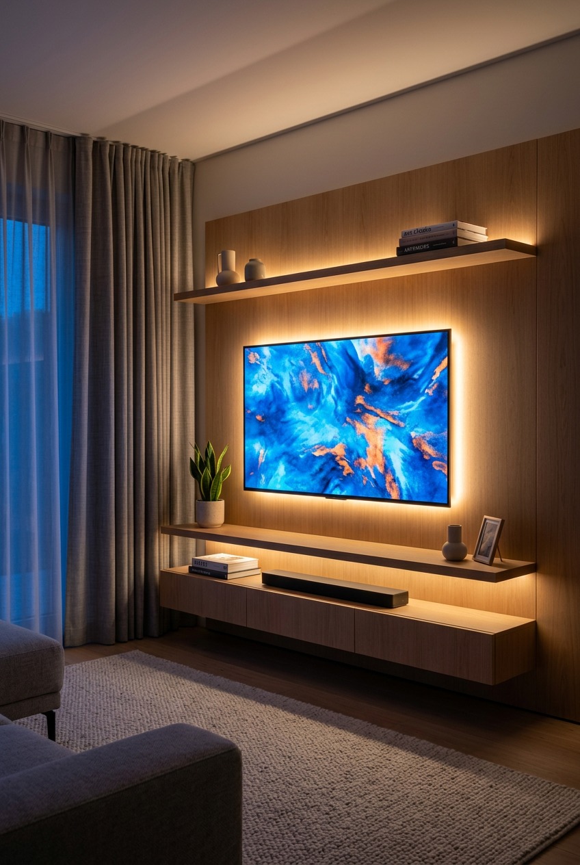 TV Hintergrundbeleuchtung umrahmt Bildschirm an Holzwand mit Regalen