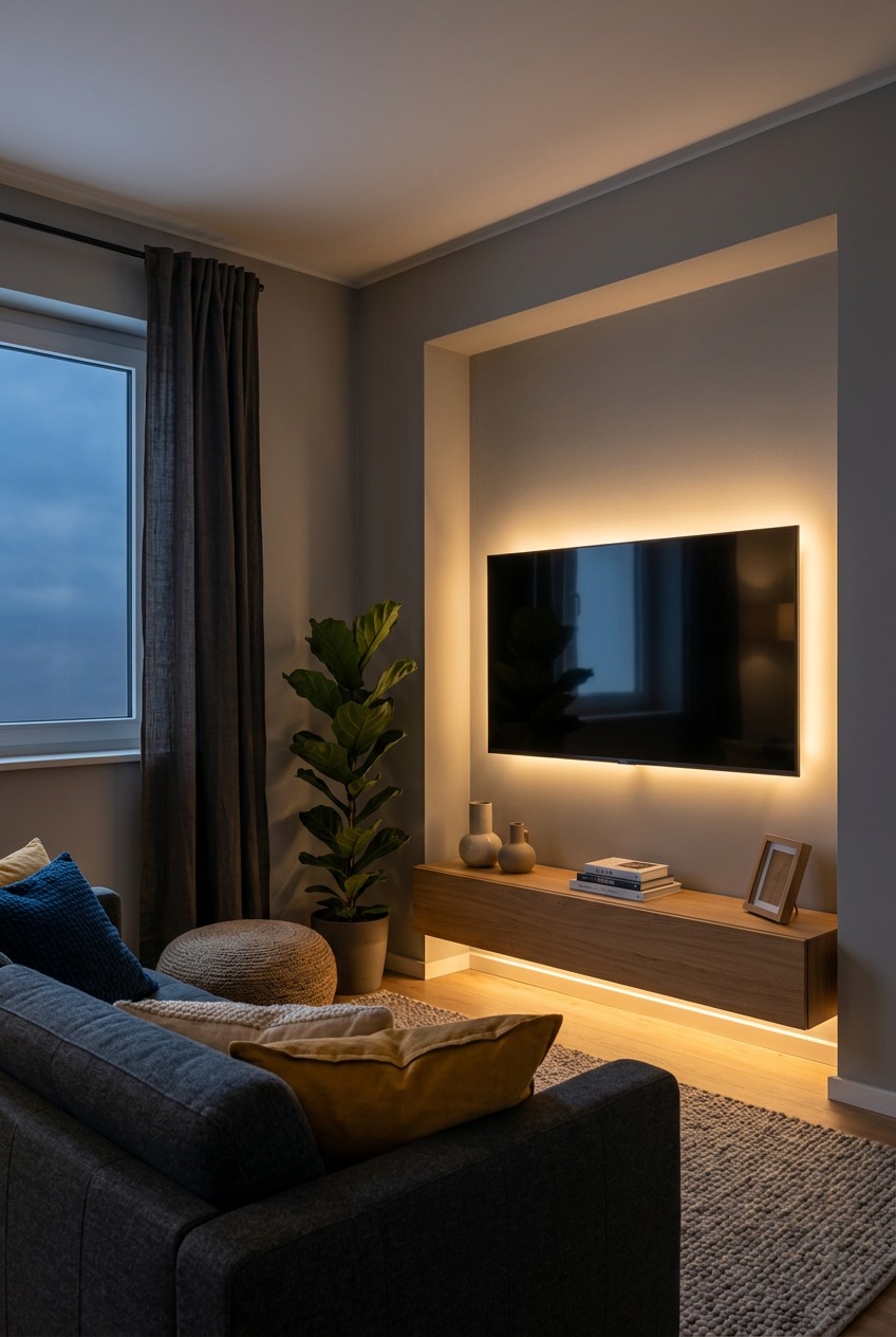 Warmweißes Licht der TV Hintergrundbeleuchtung hebt den Bildschirm hervor