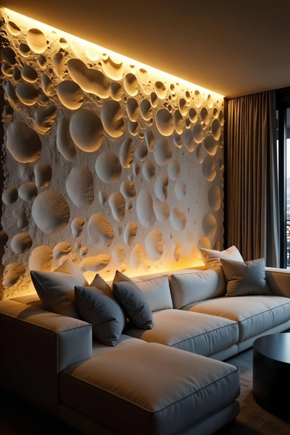 Kreativ strukturierte Wohnzimmerwand mit LED Stripes am oberen Wandende und hinter der Sofalehne