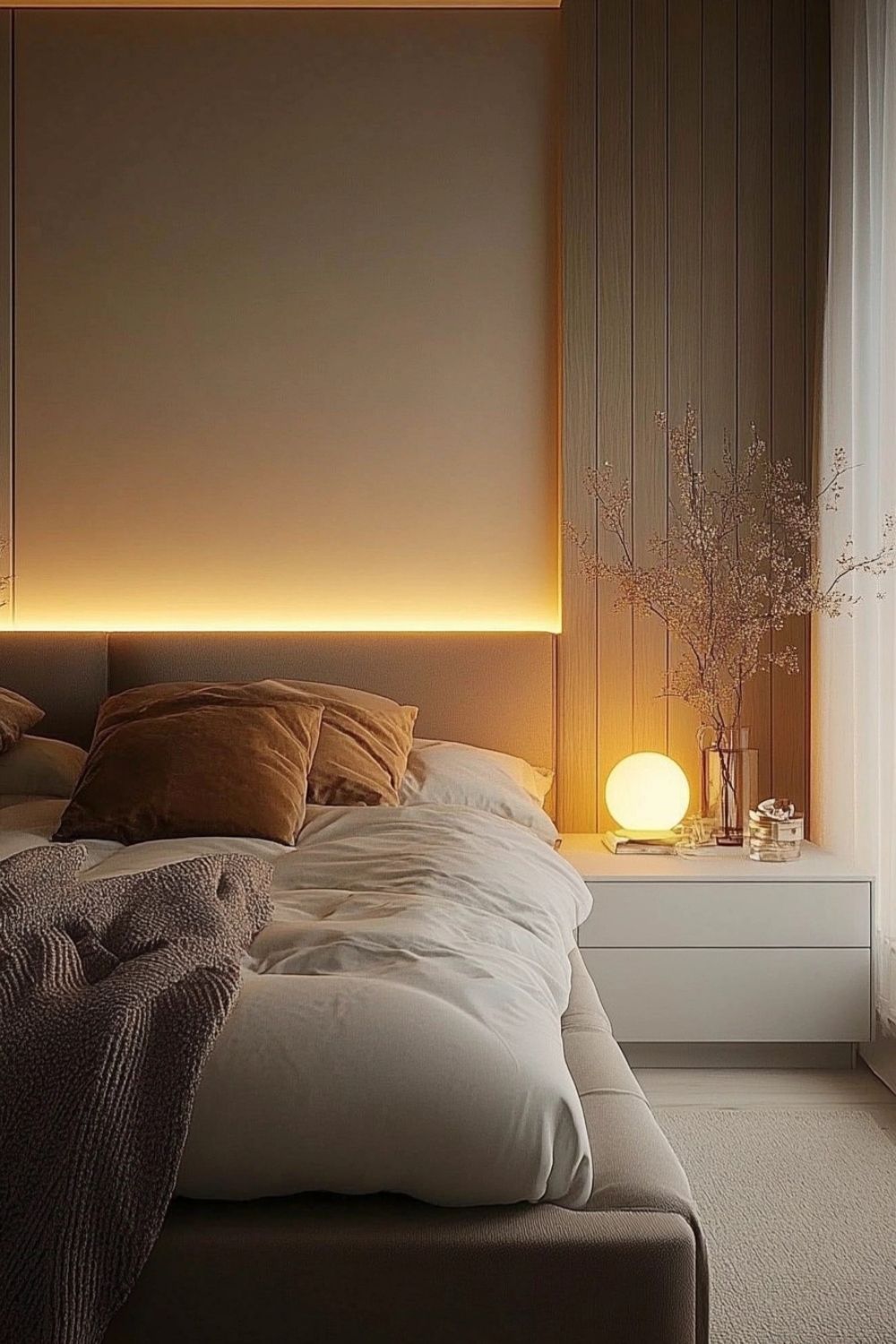 Modernes Polsterkopfteil mit warmweiß leuchtendem LED Streifen