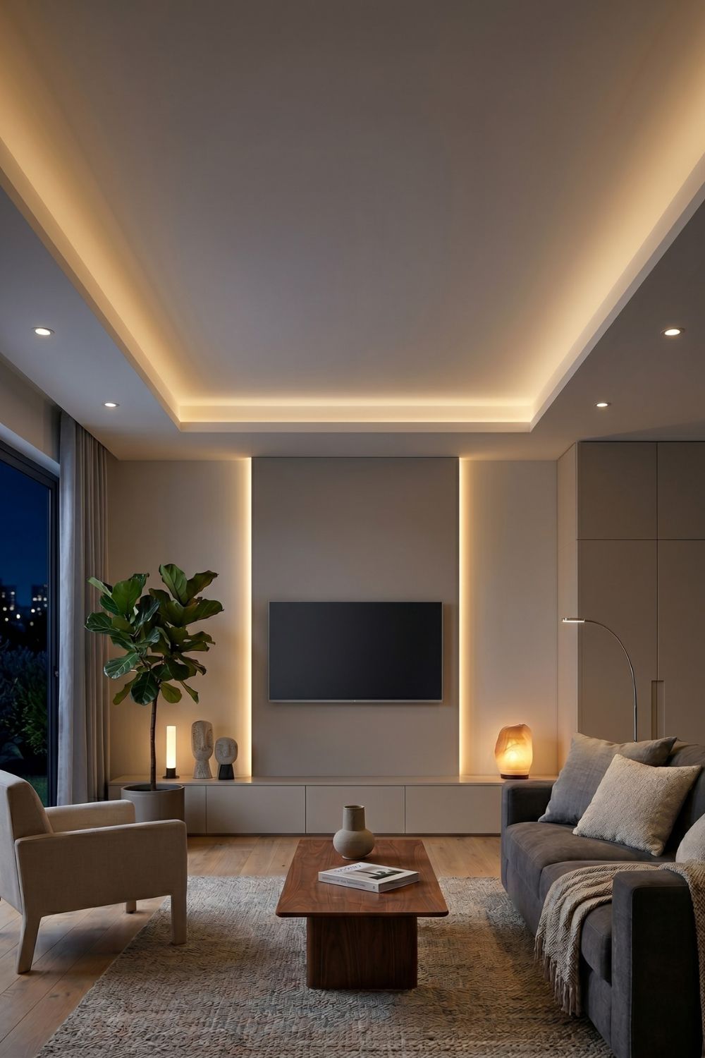 Wohnzimmer mit Lichtvouten an Wand und Decke für eine stimmungsvolle indirekte Beleuchtung