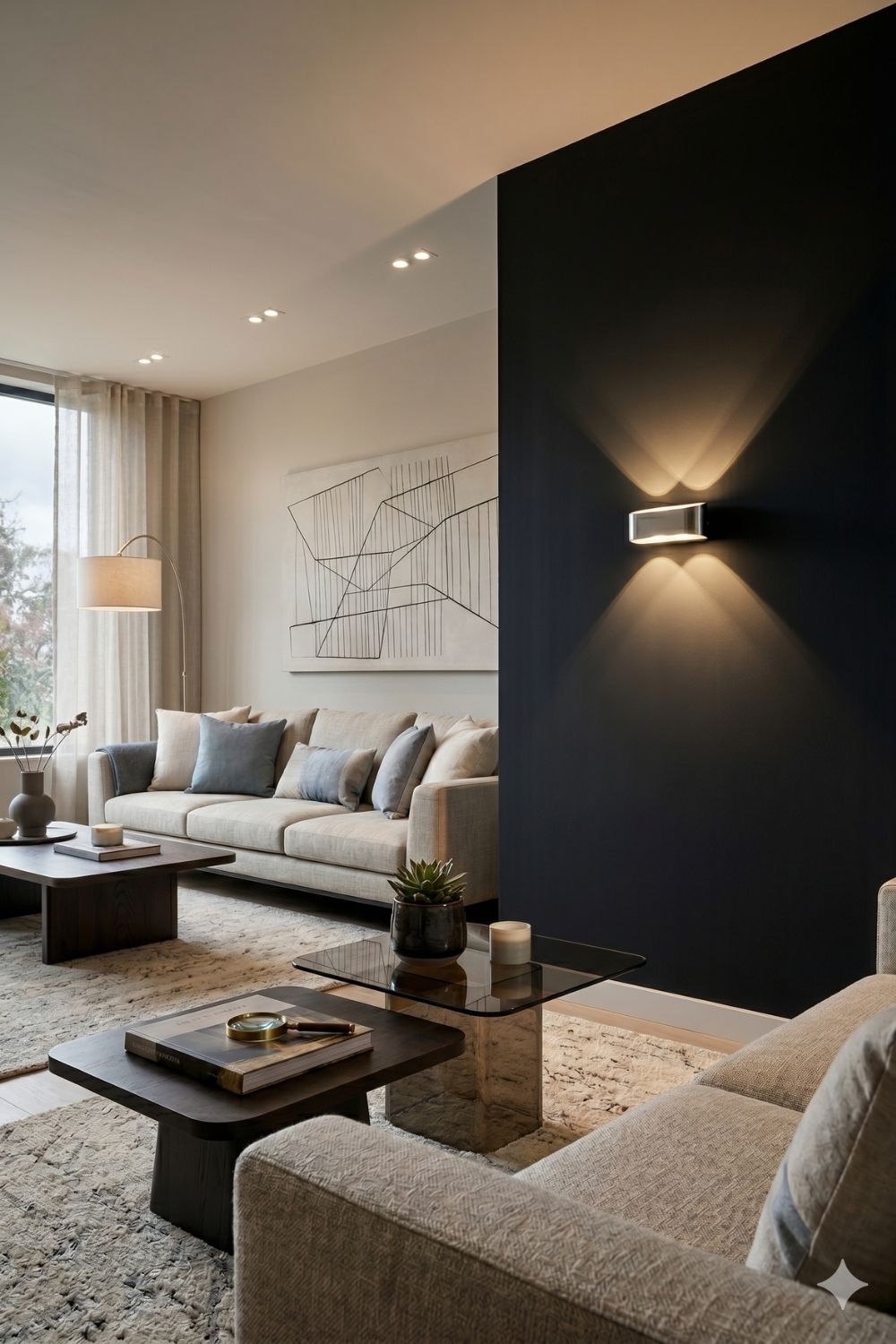 Wohnzimmer mit moderner abstrakter Wandgestaltung samt akzentuierender Up and Down Lampe