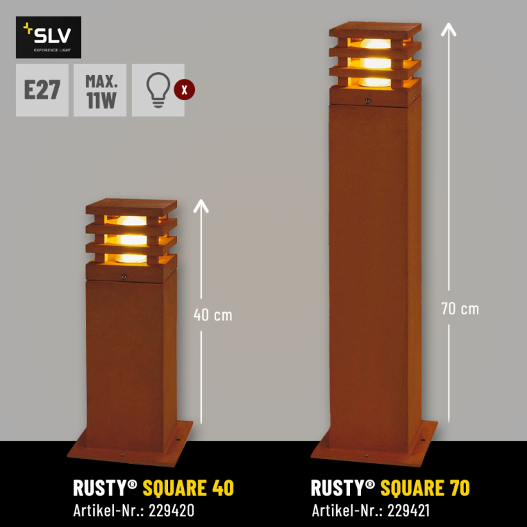 SLV RUSTY® SQUARE 70 Wegeleuchte Außenstandleuchte eckig E27 TC-DSE max. 11W IP55 FeCSi-Stahl gerostet Höhe 70cm