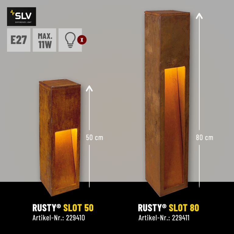SLV RUSTY® SLOT 80 Outdoor Standleuchte E27 TC-DSE max. 11W IP44 FeCSi-Stahl gerostet Höhe 80cm