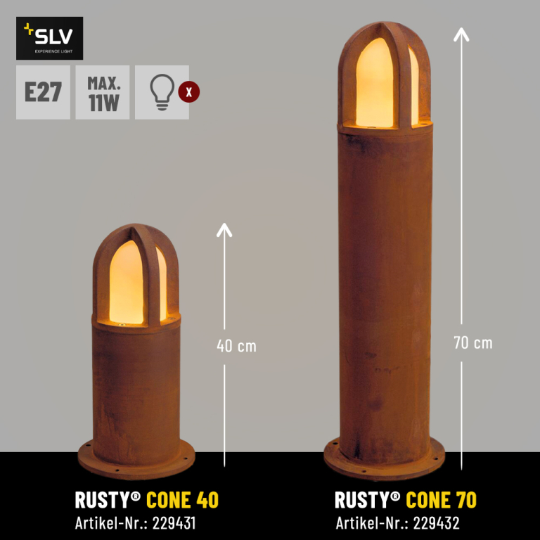 SLV RUSTY® CONE 40 Außenstandleuchte Pollerleuchte rund E27 TC-DSE max. 11W IP54 FeCSi-Stahl gerostet Höhe 40cm
