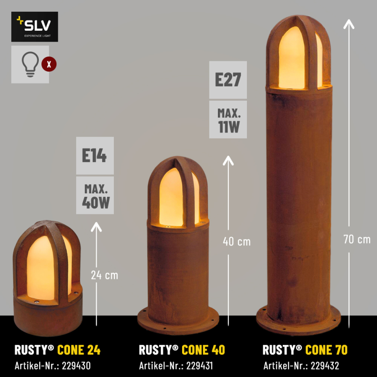 SLV RUSTY® CONE 40 Außenstandleuchte Pollerleuchte rund E27 TC-DSE max. 11W IP54 FeCSi-Stahl gerostet Höhe 40cm