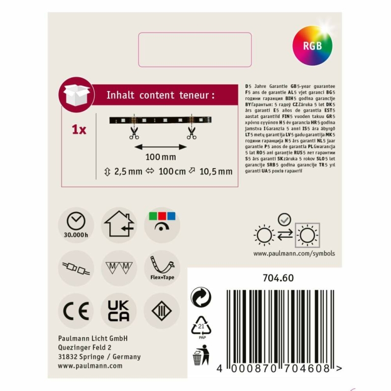 Paulmann YourLED ECO LED Strip RGB Einzelstripe 1m   6W 110lm/m 30 LEDs/m RGB
