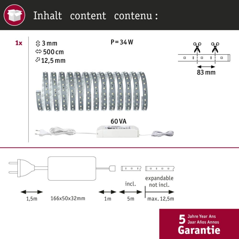 Paulmann MaxLED 500 Basisset unbeschichtet 5m Tageslichtweiß