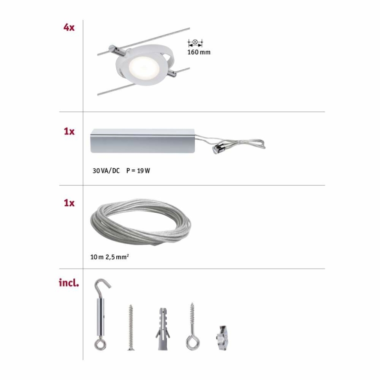 Paulmann LED Seilsystem RoundMac Basisset 4x200lm 4x4W 2700K 230/12V Weiß matt