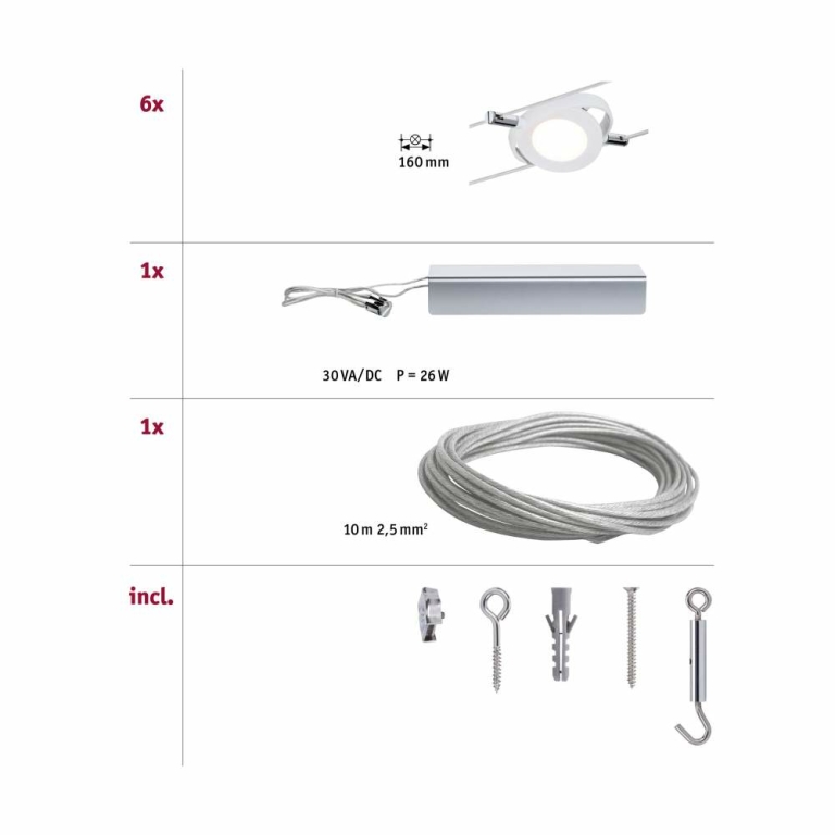 Paulmann LED Seilsystem RoundMac Basisset 6x200lm 6x4W 2700K 230/12V Weiß matt
