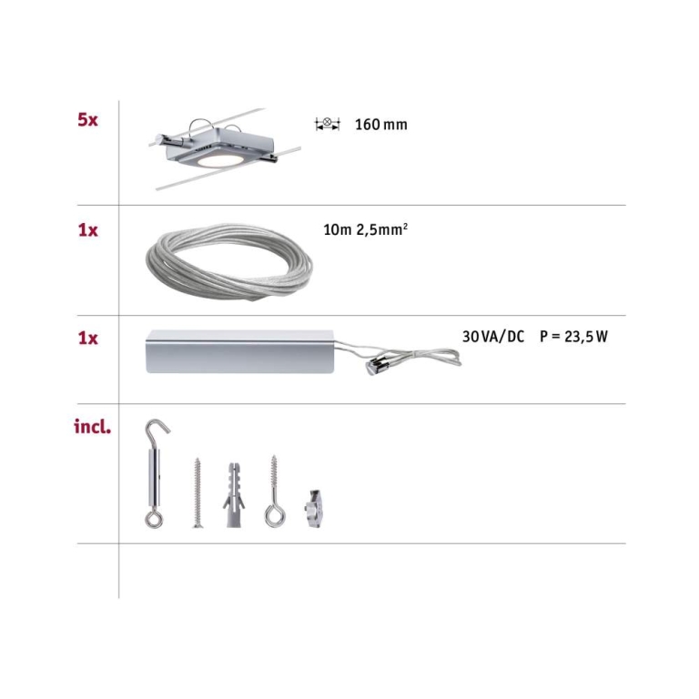 Paulmann LED Seilsystem MacLED Basisset 5x200lm 5x4W 2700K 230/12V Chrom matt