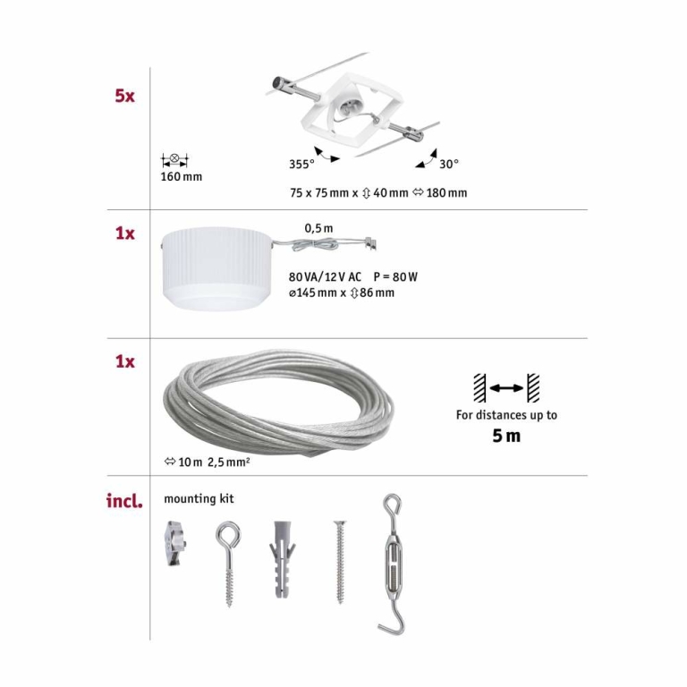 Paulmann Seilsystem Mac II Basisset GU5,3 max. 5x10W 230/12V Weiß