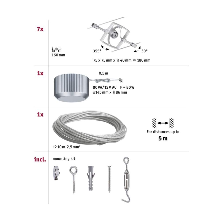 Paulmann Seilsystem Mac II Basisset GU5,3 max. 7x10W 230/12V Chrom matt