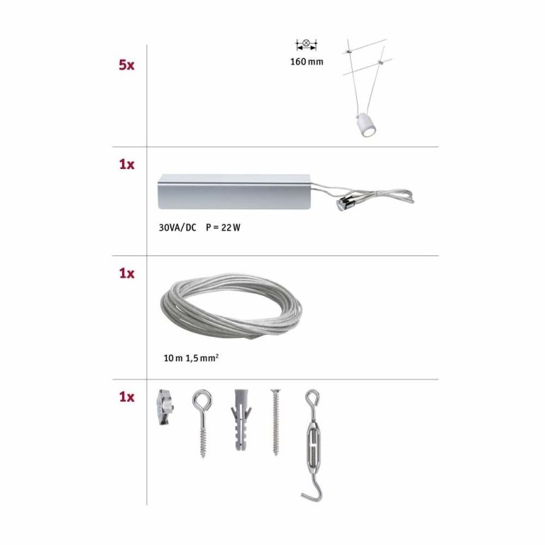 Paulmann LED Seilsystem TunLED Basisset 5x150lm 5x4W 2700K 230/12V Weiß/Chrom matt