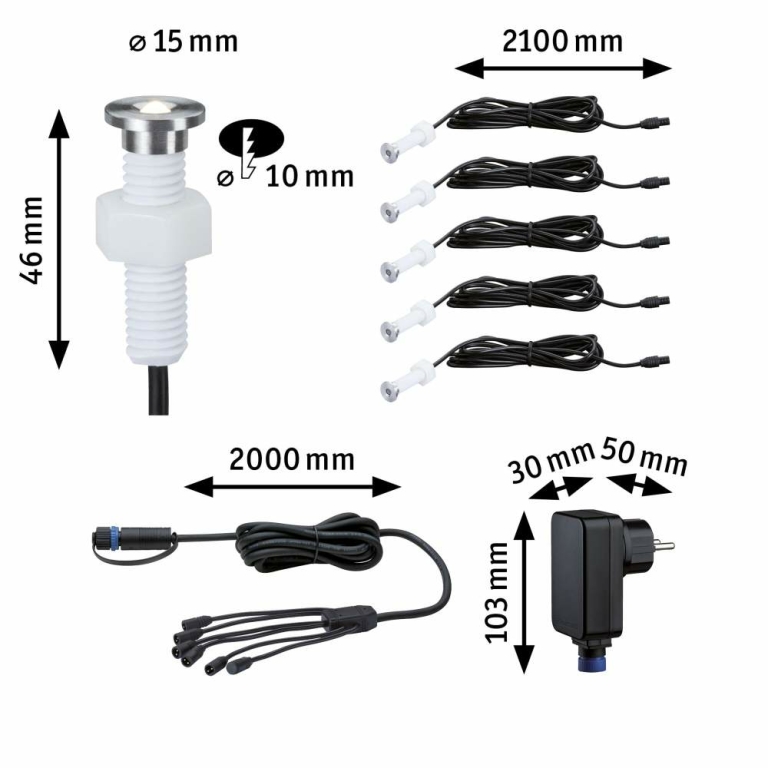 Paulmann Plug & Shine LED Bodeneinbauleuchte MicroPen II Basisset IP67 3000K 5x0,22W 21VA Silber