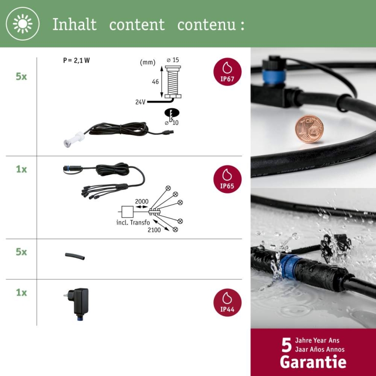 Paulmann Plug & Shine LED Bodeneinbauleuchte MicroPen II Basisset IP67 3000K 5x0,22W 21VA Silber