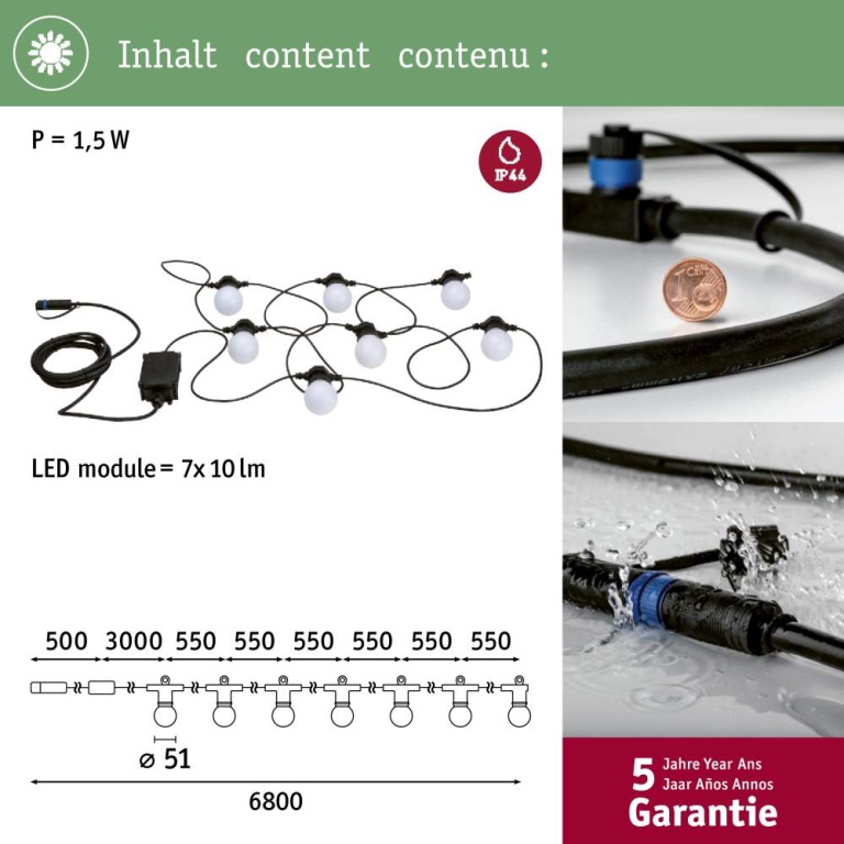 Paulmann Plug & Shine 7er Party LED Lichterkette 6,8m IP44 Warmweiß 3000K 7x 0,2W