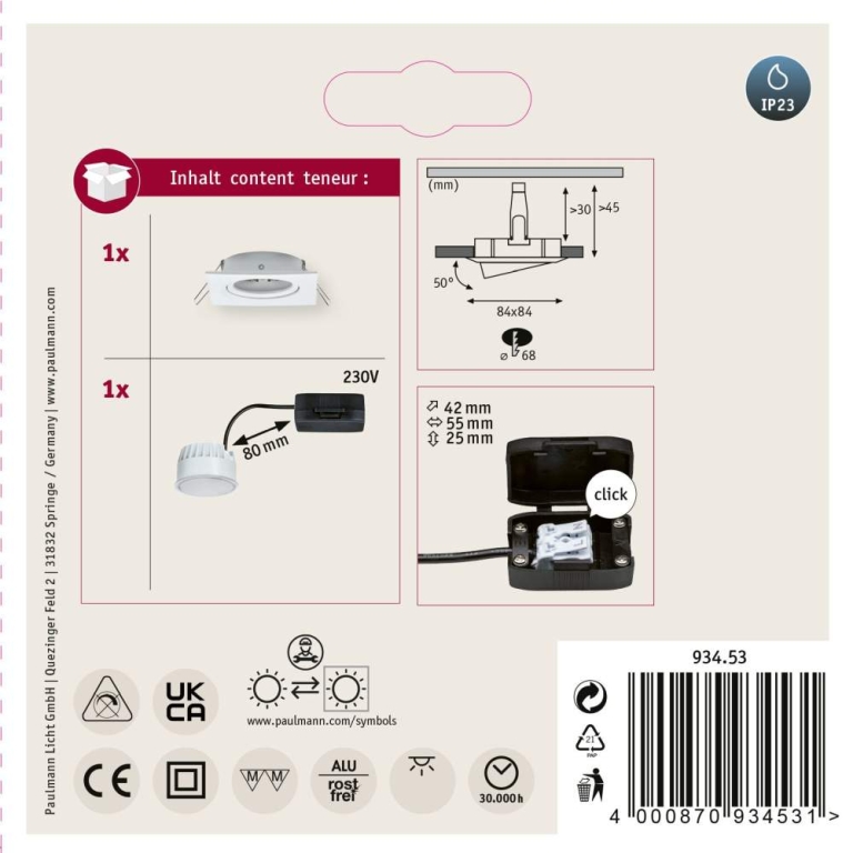 Paulmann Einbauleuchte LED Nova eckig 1x6,5W  Weiß matt
