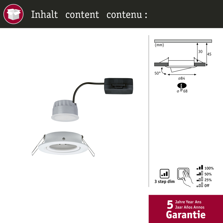 Paulmann LED Einbauleuchte Nova Coin Einzelspot rund 6W IP23 Weiß (matt) schwenkbar dimmbar 3-step-dim 2700K 230V