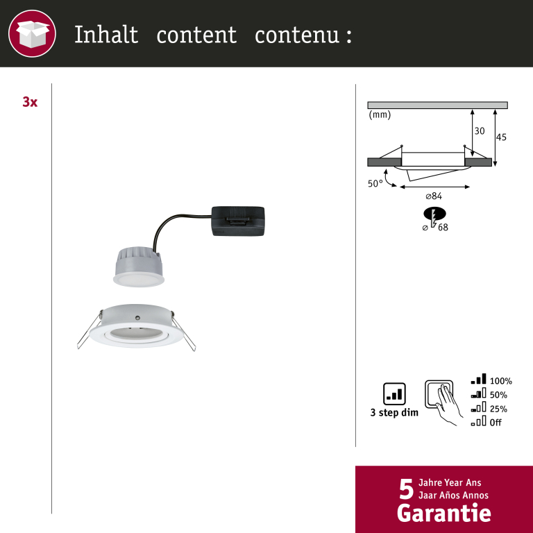 Paulmann LED Einbauleuchte Nova Coin 3er Set rund 6W IP23 Weiß (matt) schwenkbar dimmbar 3-step-dim 2700K 230V