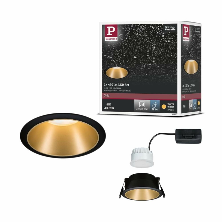 Paulmann 93403 LED Einbauleuchte Cole Coin Schwarz/Gold matt 6W 470lm 2700K  IP44 | Lampen1a