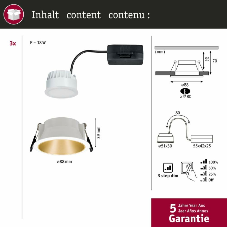 Paulmann LED Einbauleuchte Cole Coin Weiß/Gold matt 3er-Set 6W 470lm 2700K IP44 3-Step-Dim