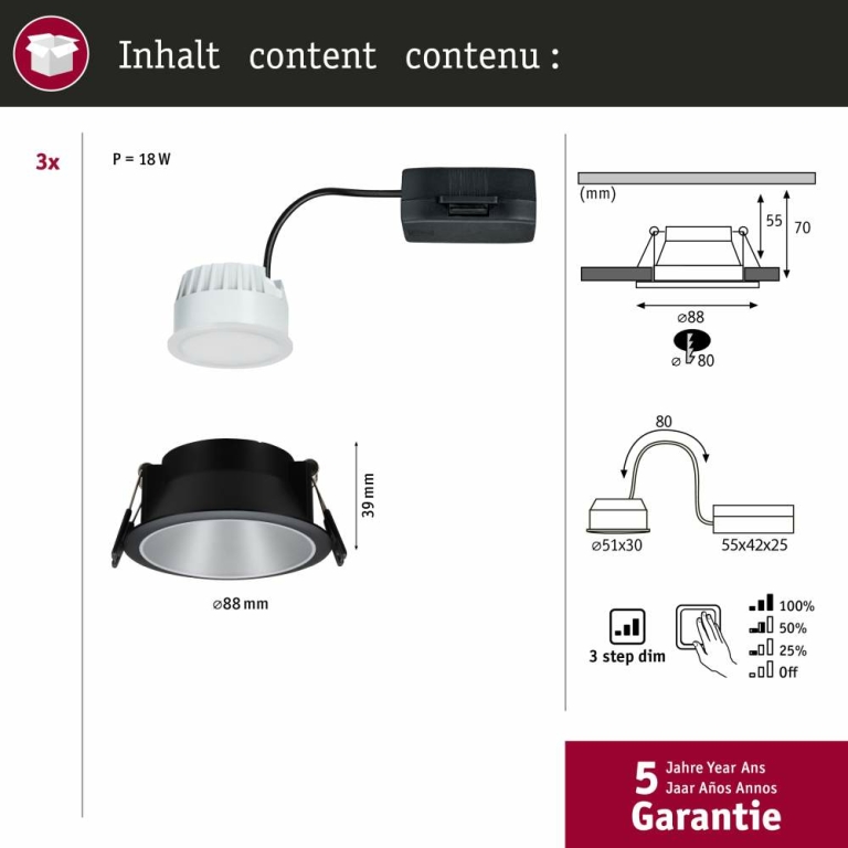 Paulmann LED Einbauleuchte Cole Coin Schwarz/Silber 3er-Set 6W 470lm 2700K IP44 3-Step-Dim