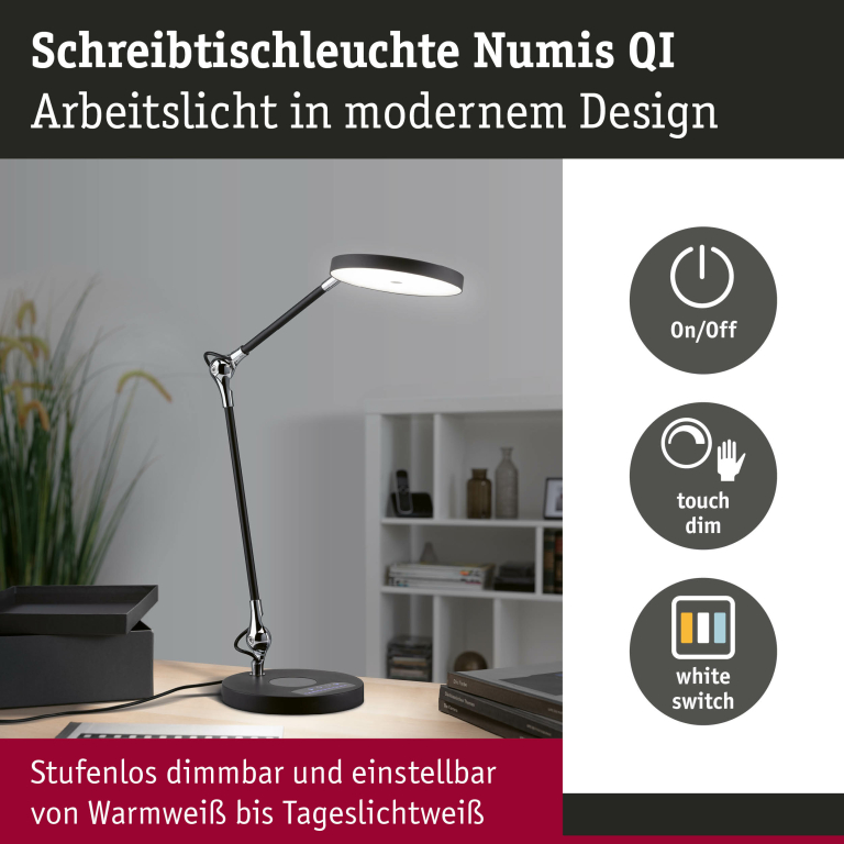 Paulmann LED Schreibtischleuchte Numis in schwarz mit QI Ladefunktion 1000lm - Stufenlos dimmbar 2700-6500K White Switch