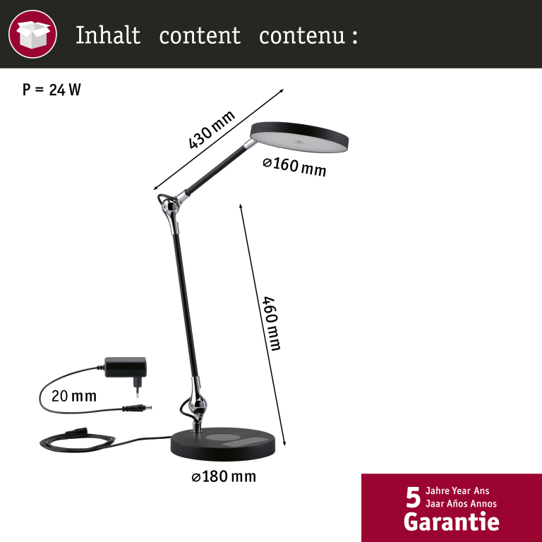 Paulmann LED Schreibtischleuchte Numis in schwarz mit QI Ladefunktion 1000lm - Stufenlos dimmbar 2700-6500K White Switch