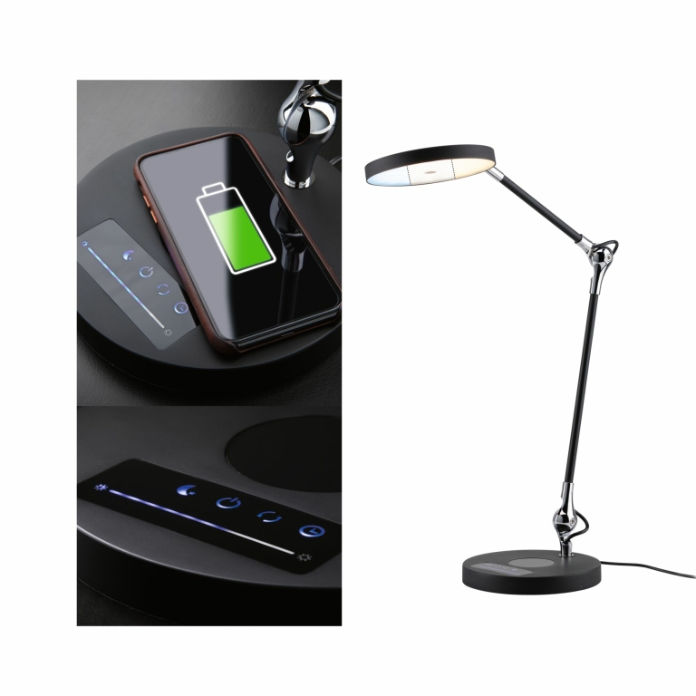 Paulmann LED Schreibtischleuchte Numis in schwarz mit QI Ladefunktion 1000lm - Stufenlos dimmbar 2700-6500K White Switch