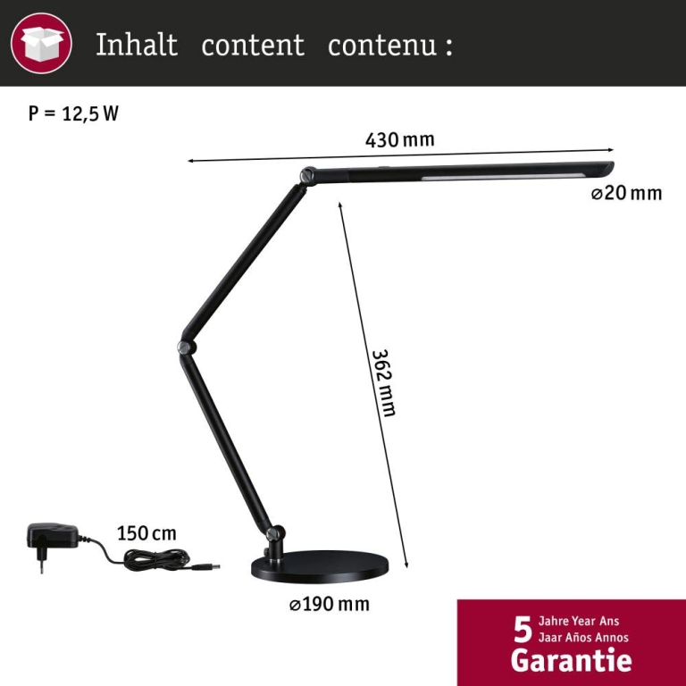 Paulmann LED Schreibtischleuchte FlexBar Schwarz 10,6W Tunable White 3.000K
