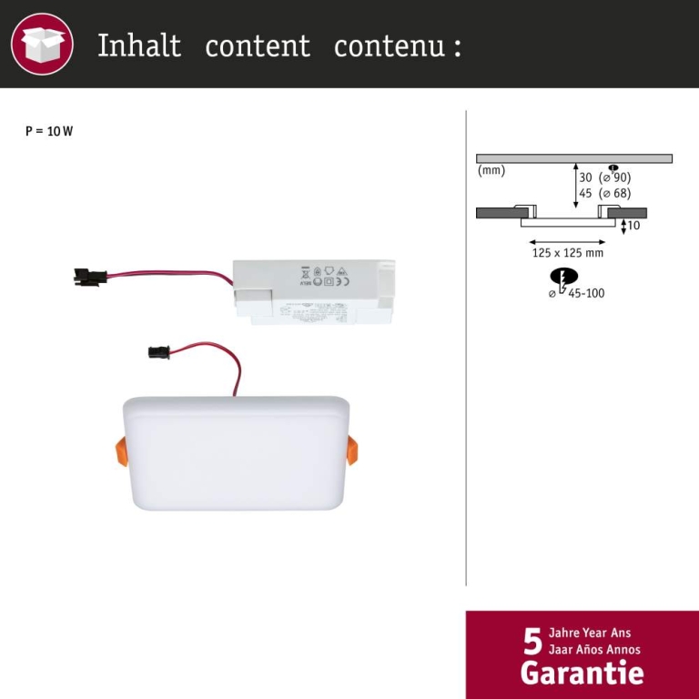 Paulmann LED Einbaupanel Veluna VariFit IP44 eckig 125x125mm 8,5W 3.000K Satin