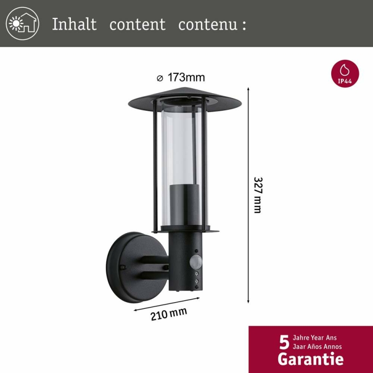 Paulmann Outdoor Wandleuchte Classic Dunkelgrau mit Bewegungsmelder IP44 E27 max. 15W