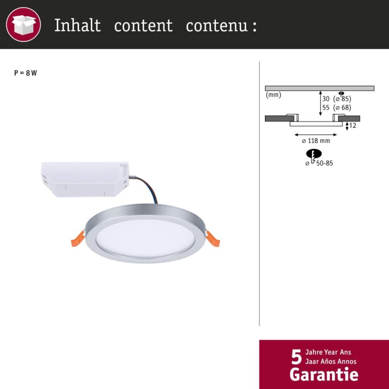 Paulmann LED Einbaupanel Areo VariFit IP44 rund 118 6,5W 3.000K Chrom matt