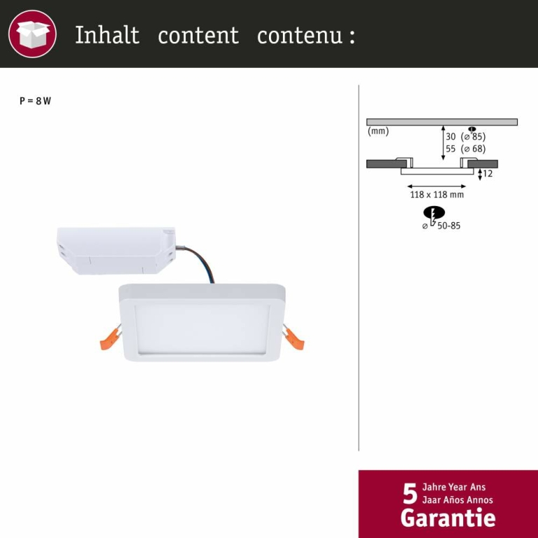 Paulmann LED Einbaupanel Areo VariFit IP44 eckig 118x118mm 6,5W 3.000K Weiß