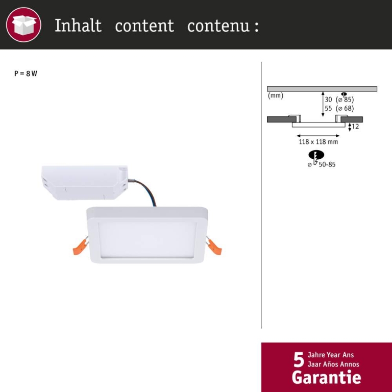 Paulmann LED Einbaupanel Areo VariFit IP44 eckig 118x118mm 6,5W 4.000K Weiß