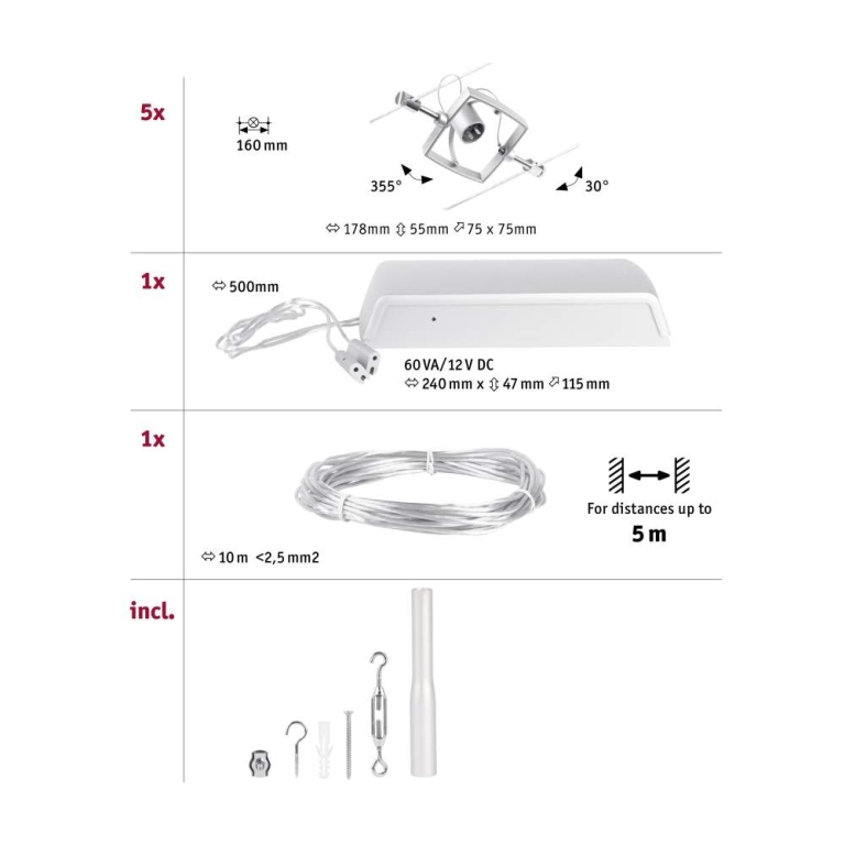 Paulmann Seilsystem Mac II Basisset GU5,3 max. 5x10W 230/12V Chrom matt